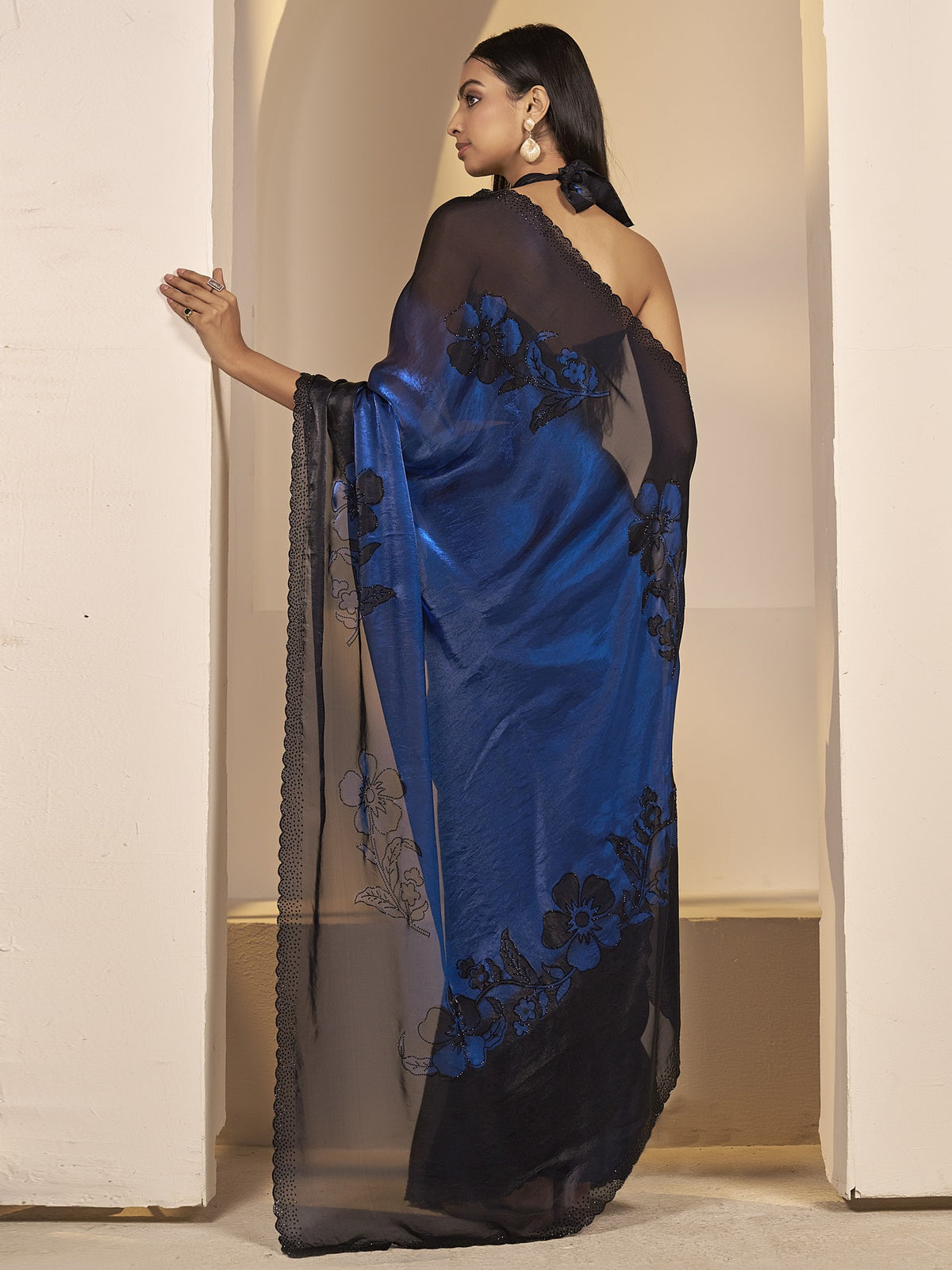 Blue satin silk saree view 4