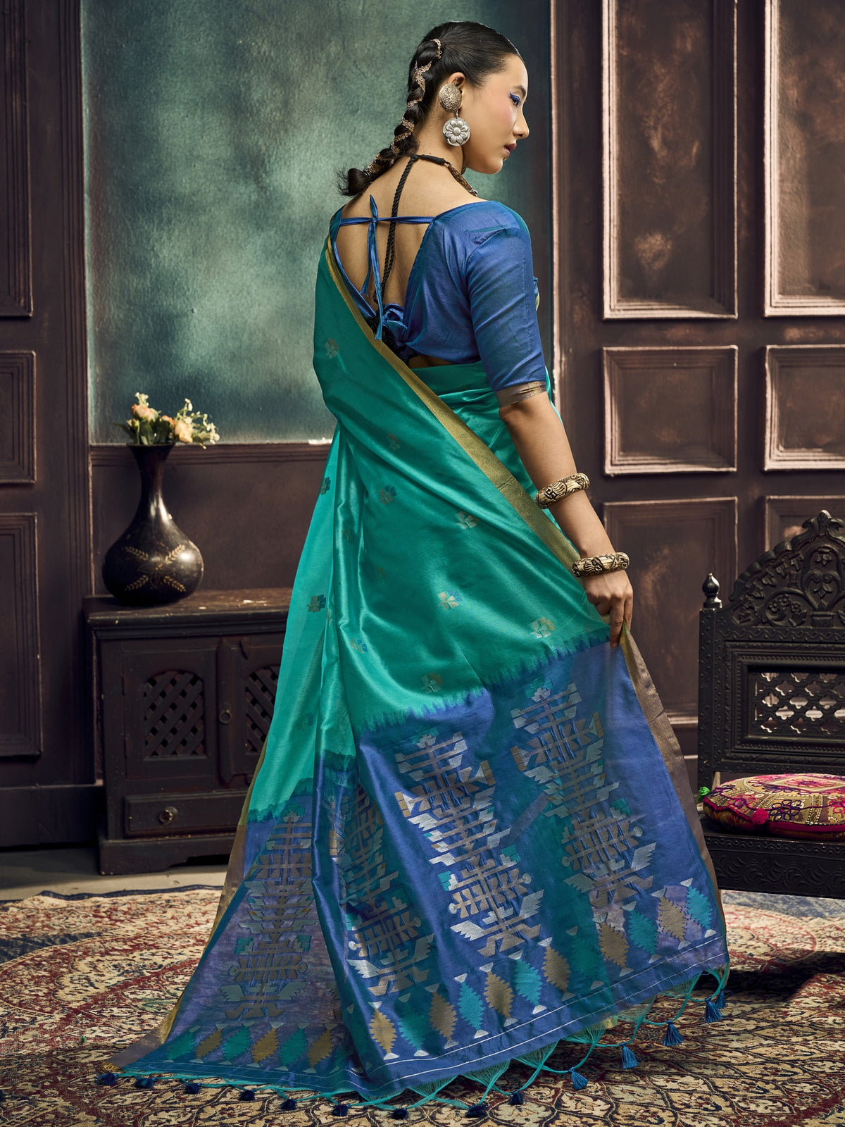 Teal Blue silk blend saree view 2