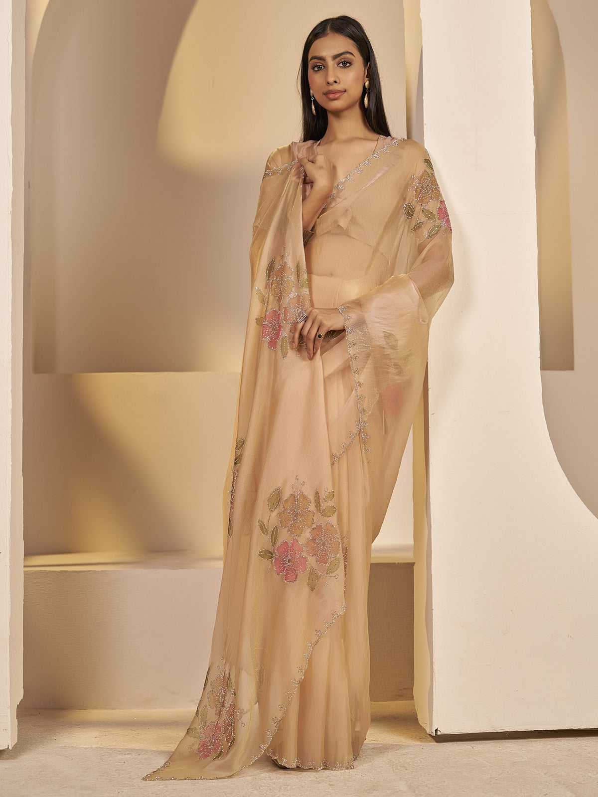 Peach organza saree view 2