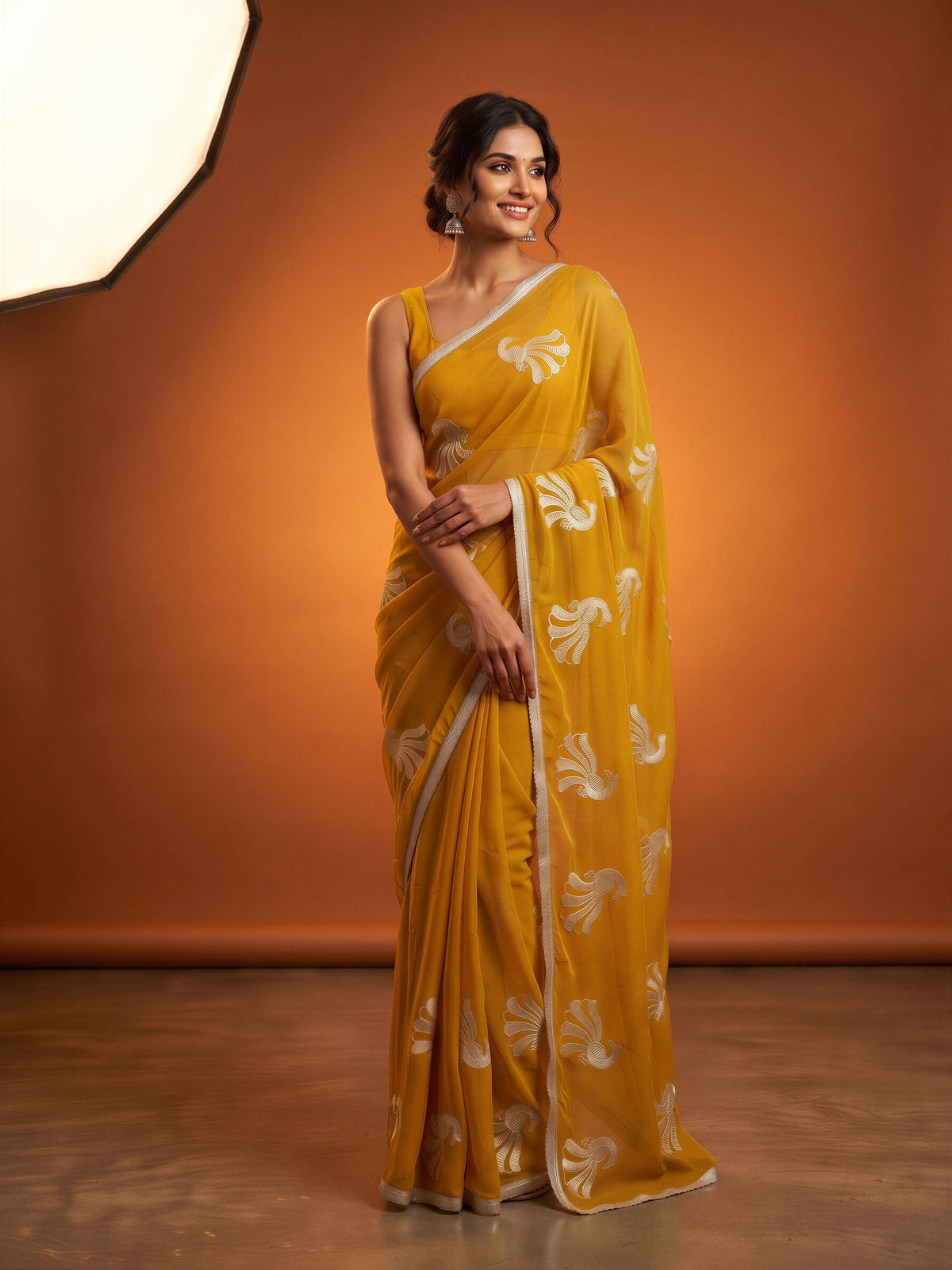 Mustard Georgette saree – detail view 3