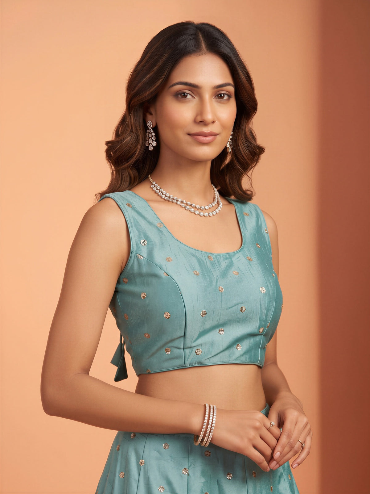 Light Blue sequin embellished chinnon sleeveless readymade saree blouse with round neck view 3