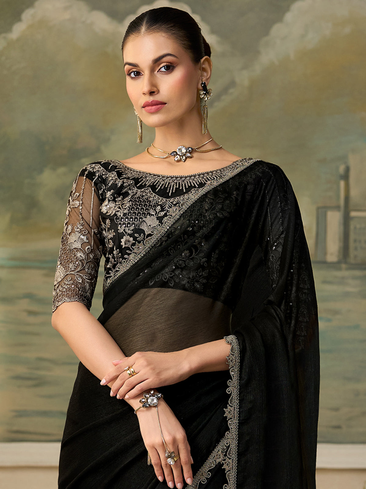 Black Chiffon saree – detail view 2