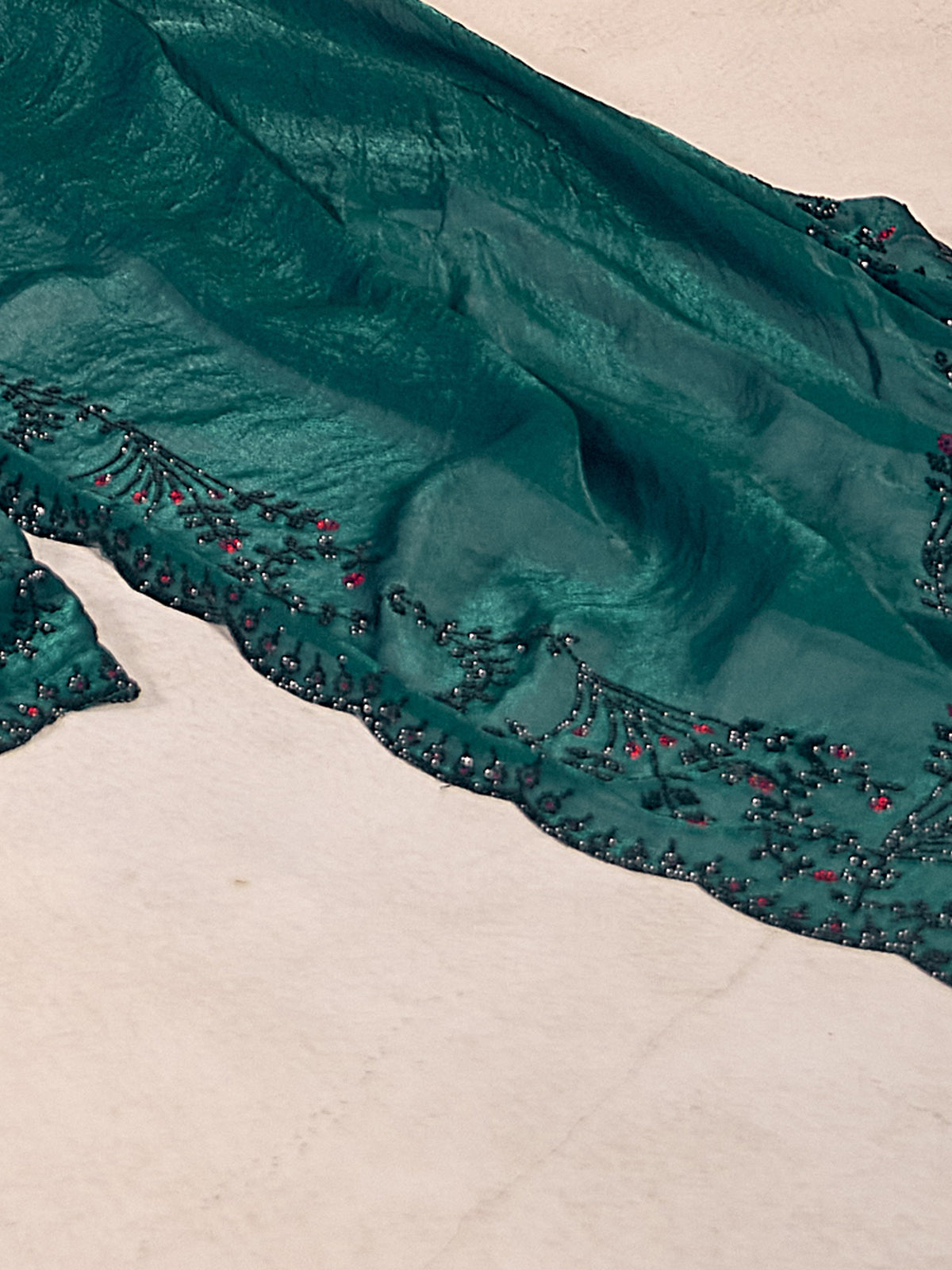 Teal Green satin silk saree view 1
