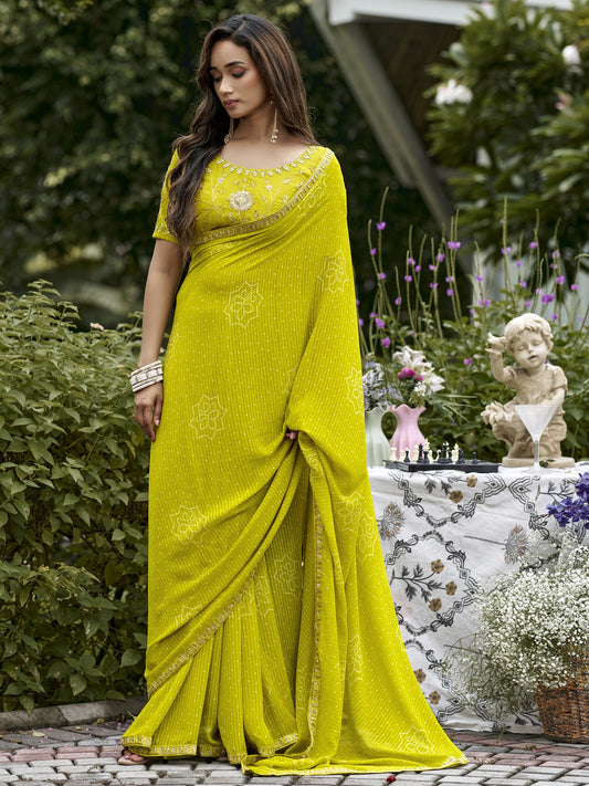 Lime Green bandhani georgette saree with lime green blouse piece