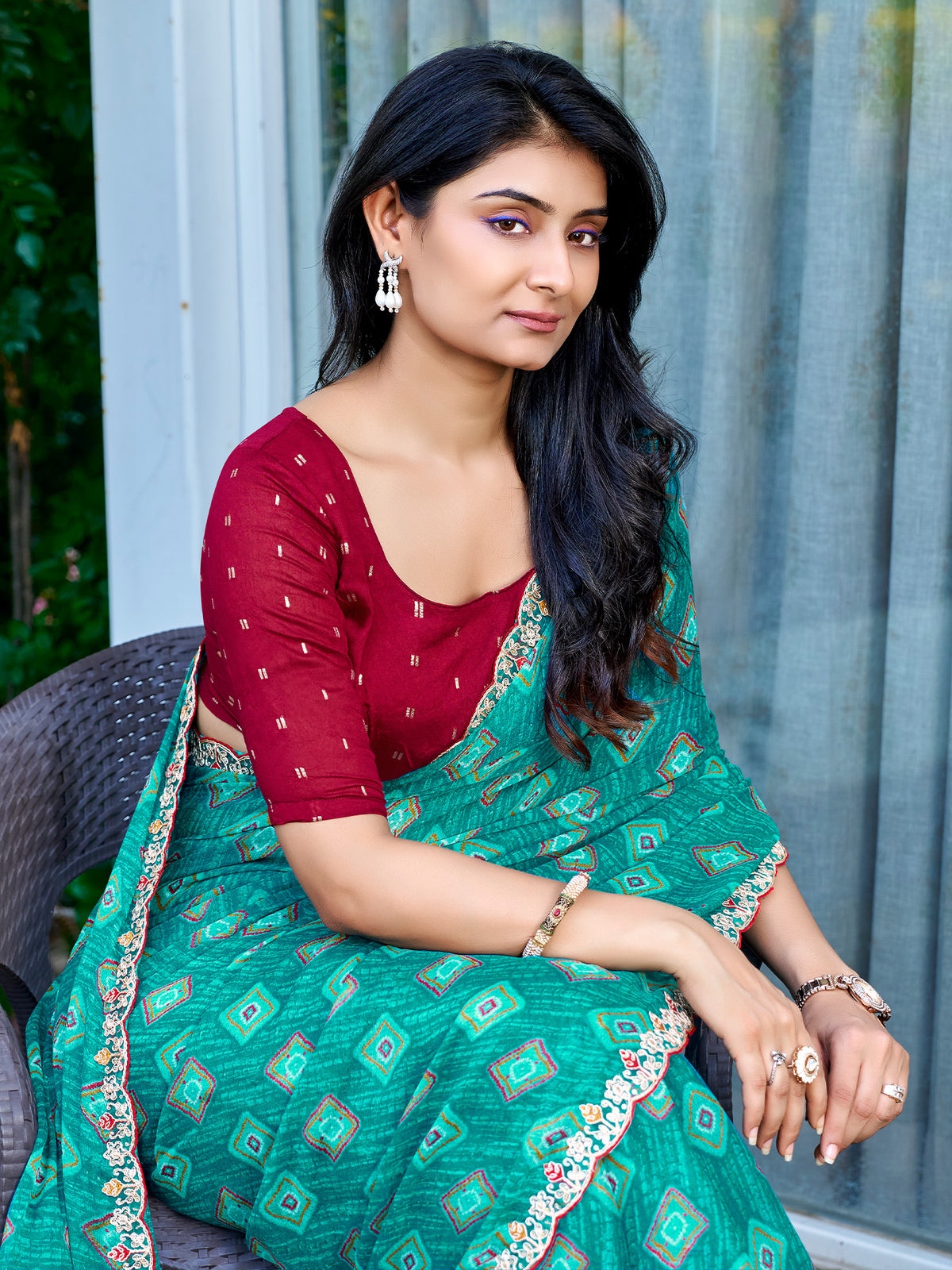 Teal Blue Georgette saree – detail view 3