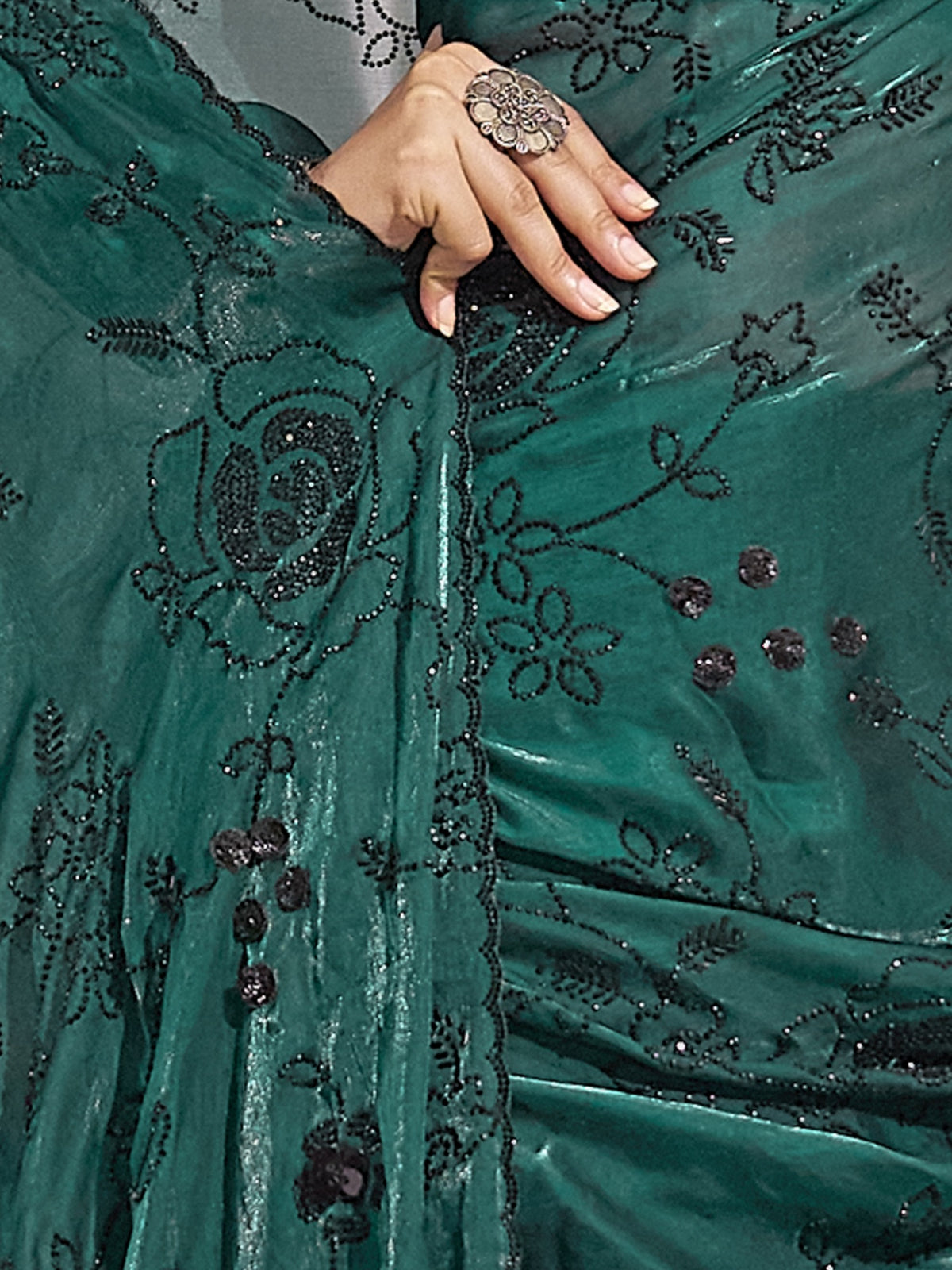 Teal Green satin silk saree view 6