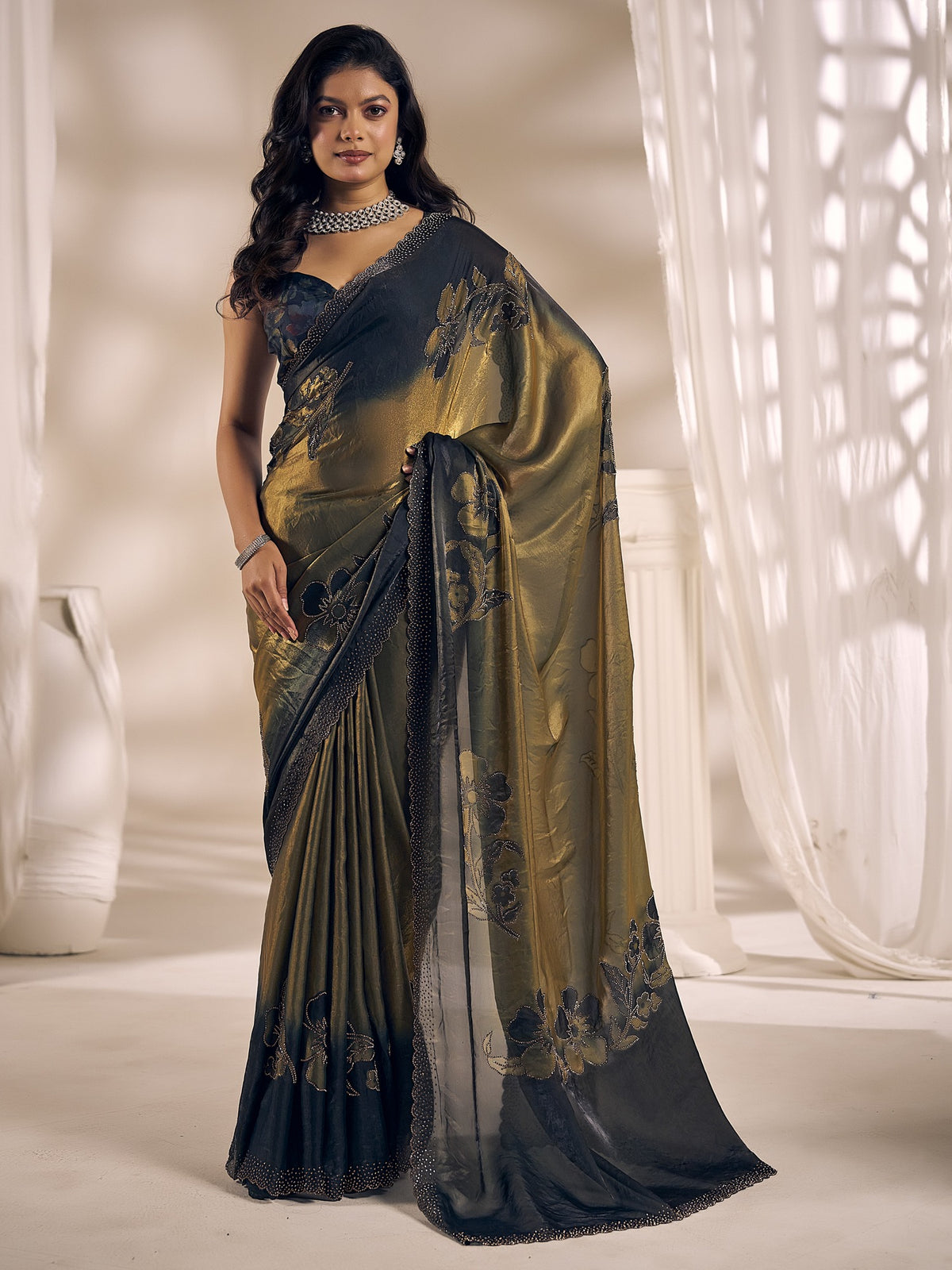Olive embellished satin silk saree with dark green blouse piece