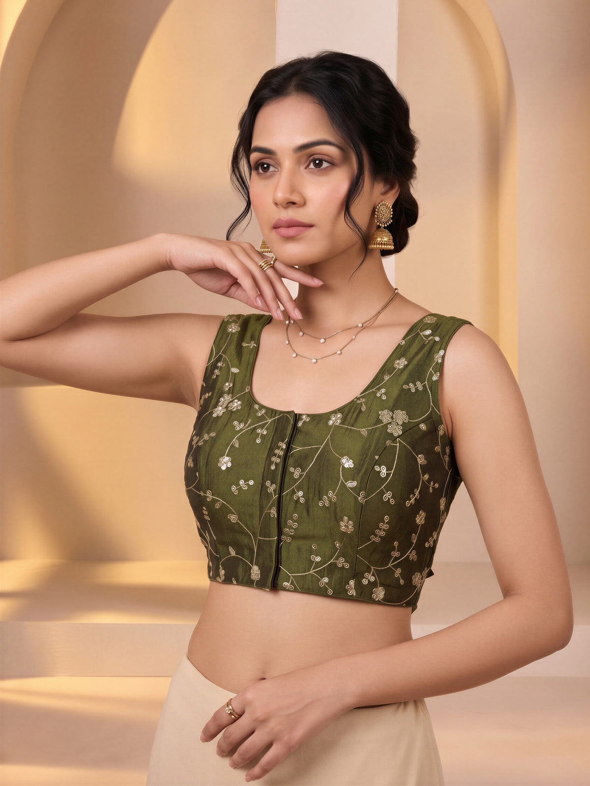 Olive sequin embroidered vichitra silk sleeveless readymade saree blouse with round neck view 3