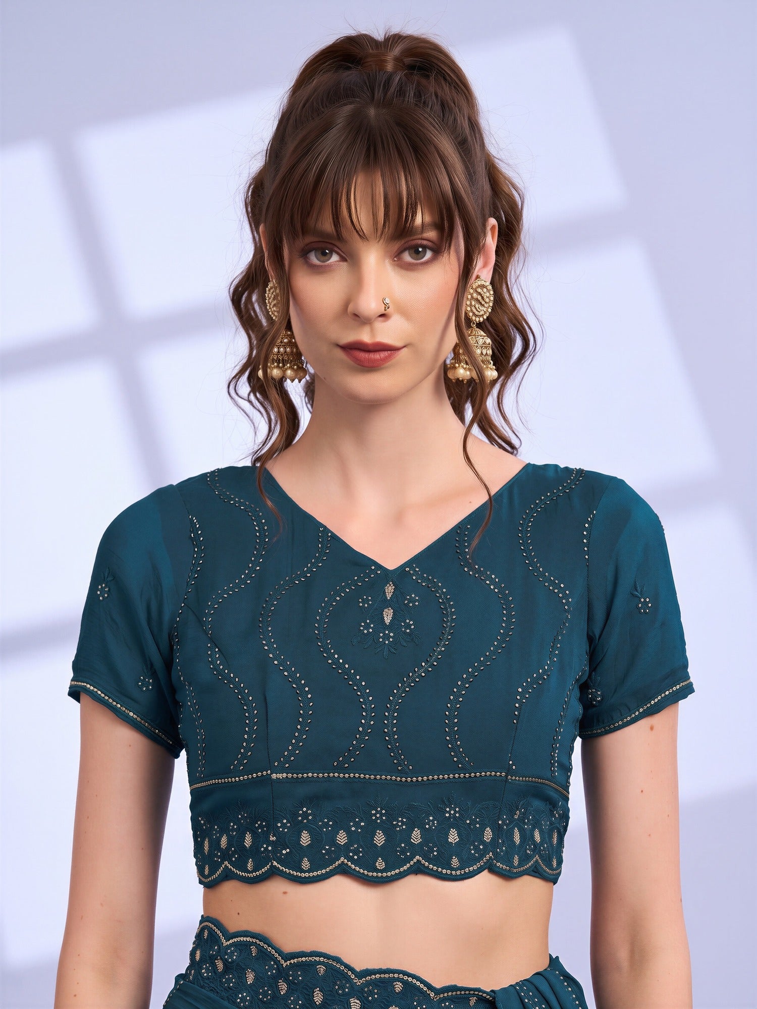 Unstitched teal blue tissue blouse piece with embellished design