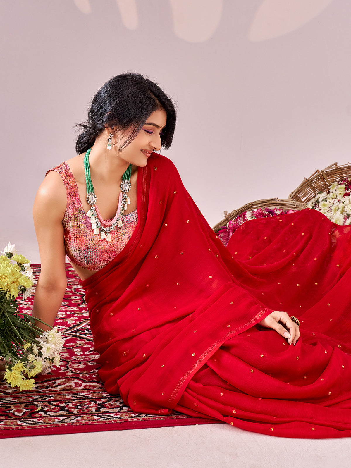 Red Chiffon saree – detail view 2