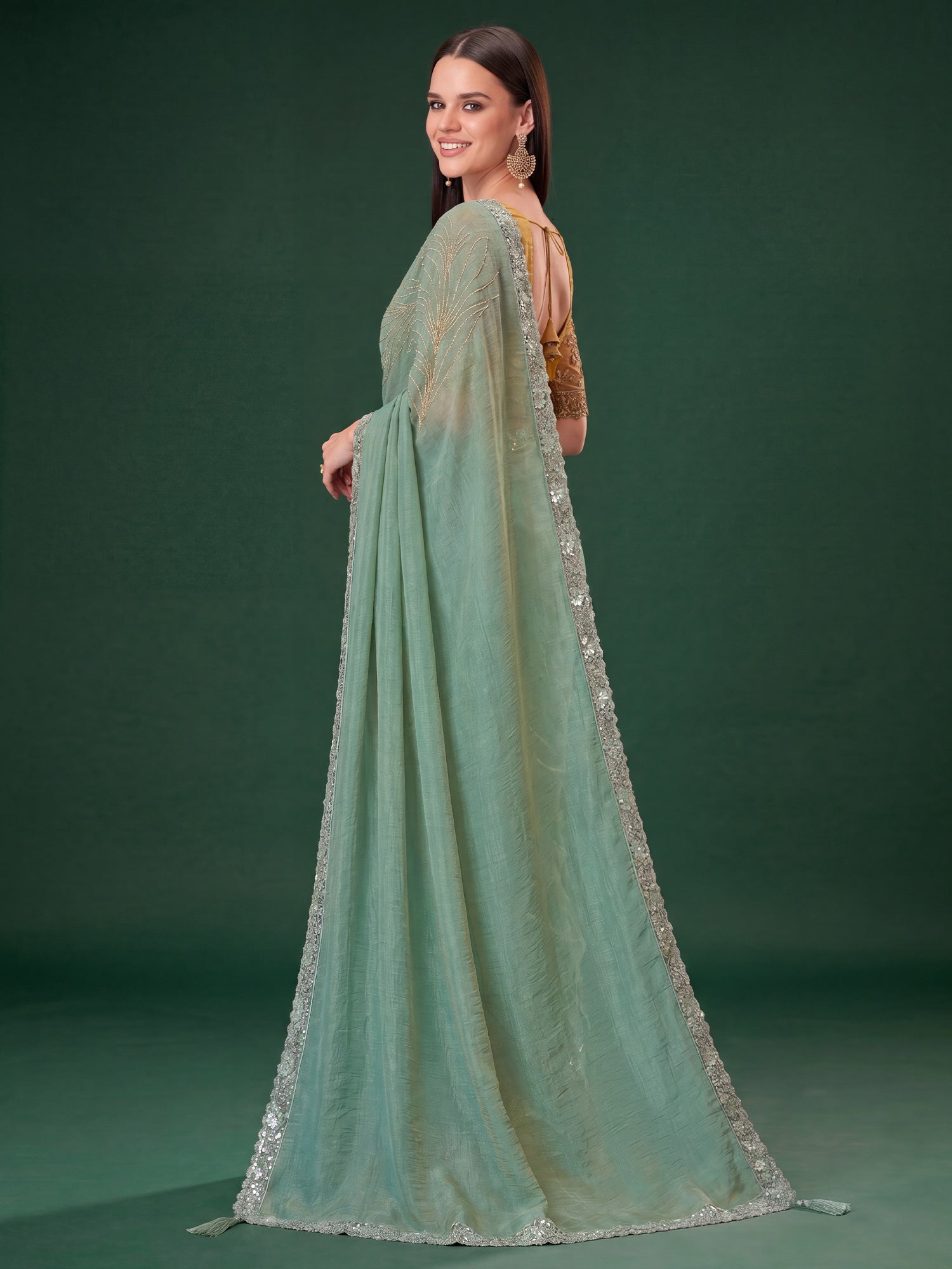 Sea Green Satin Silk saree – detail view 1