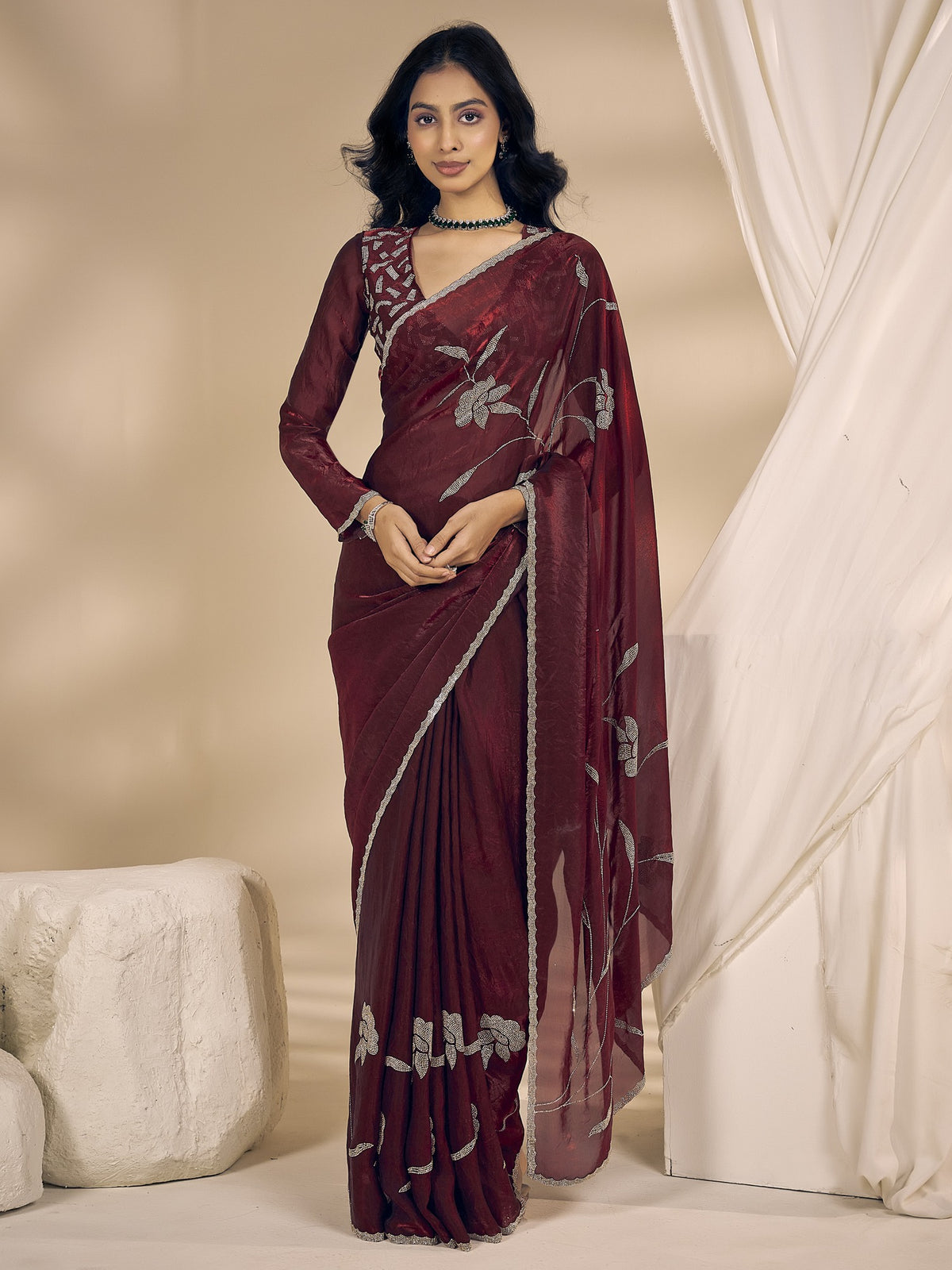 Maroon embellished satin silk saree with maroon blouse piece