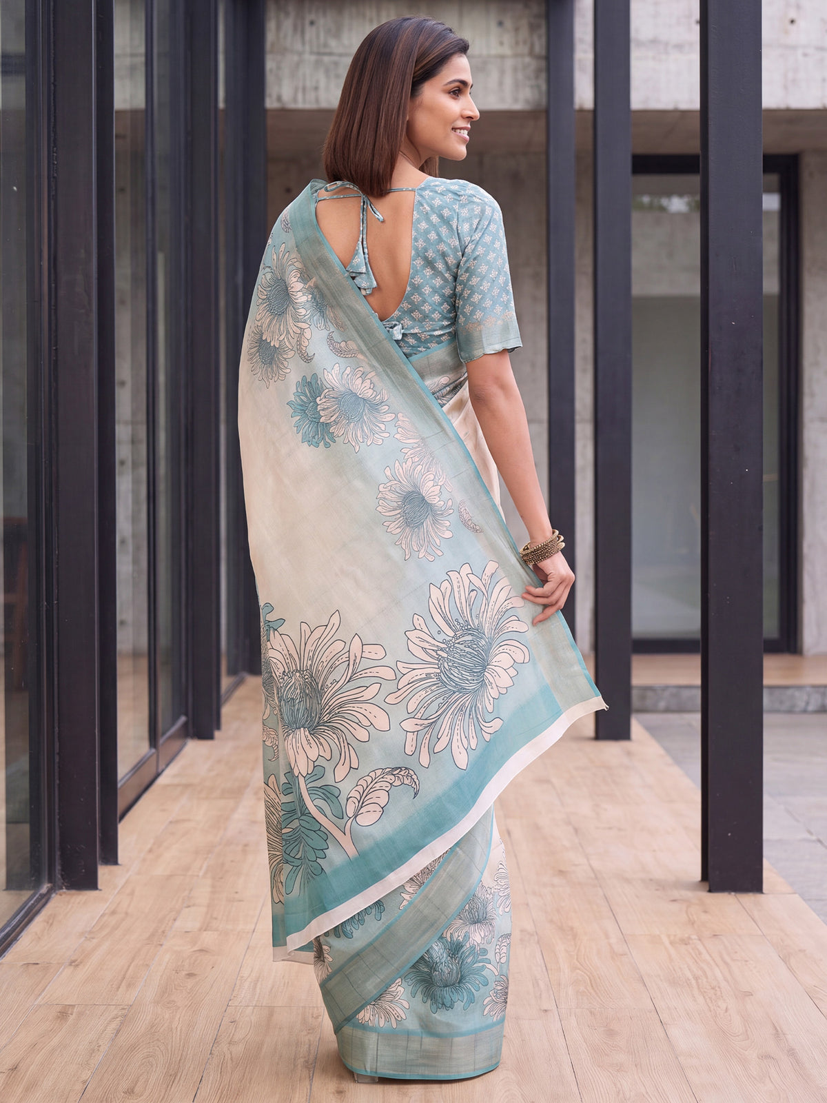 White Satin Silk saree – detail view 1
