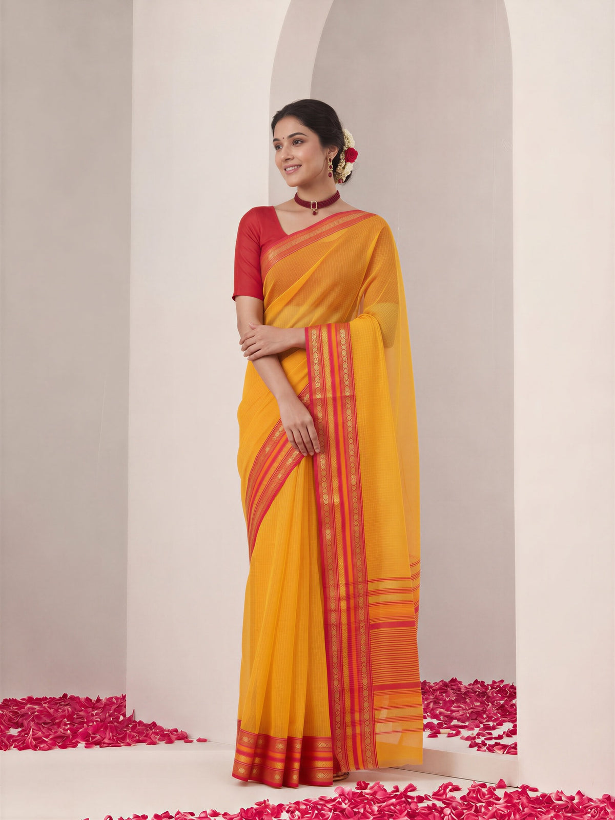 Mustard kota doria cotton saree view 3