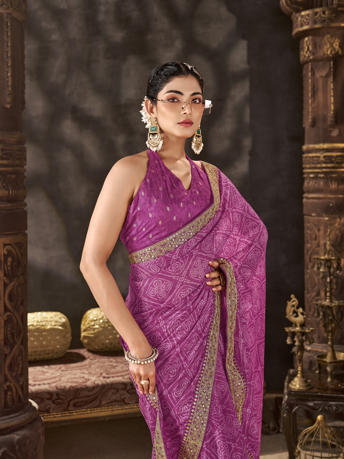 Magenta Chiffon saree – detail view 4