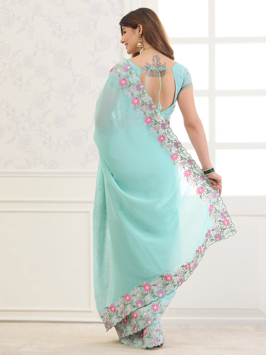 Aqua Blue Georgette saree – detail view 1