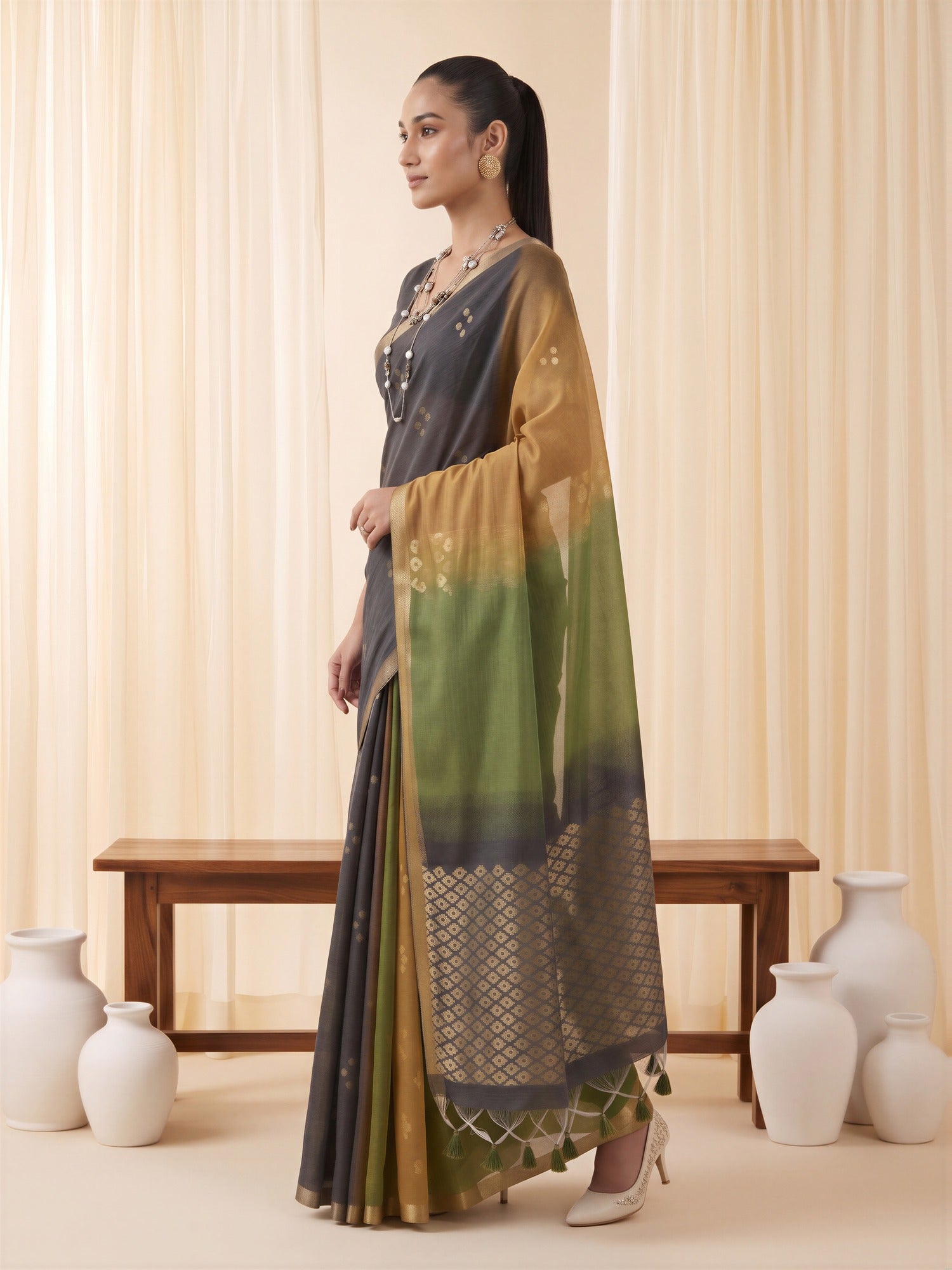 Mustard Viscose Silk saree – detail view 1