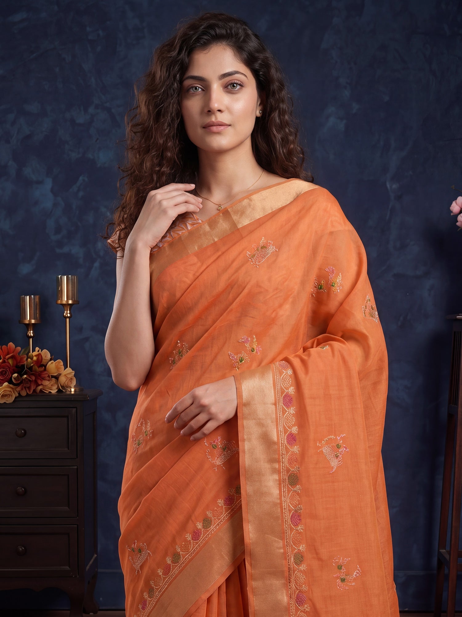 Orange Cotton Linen saree – detail view 4