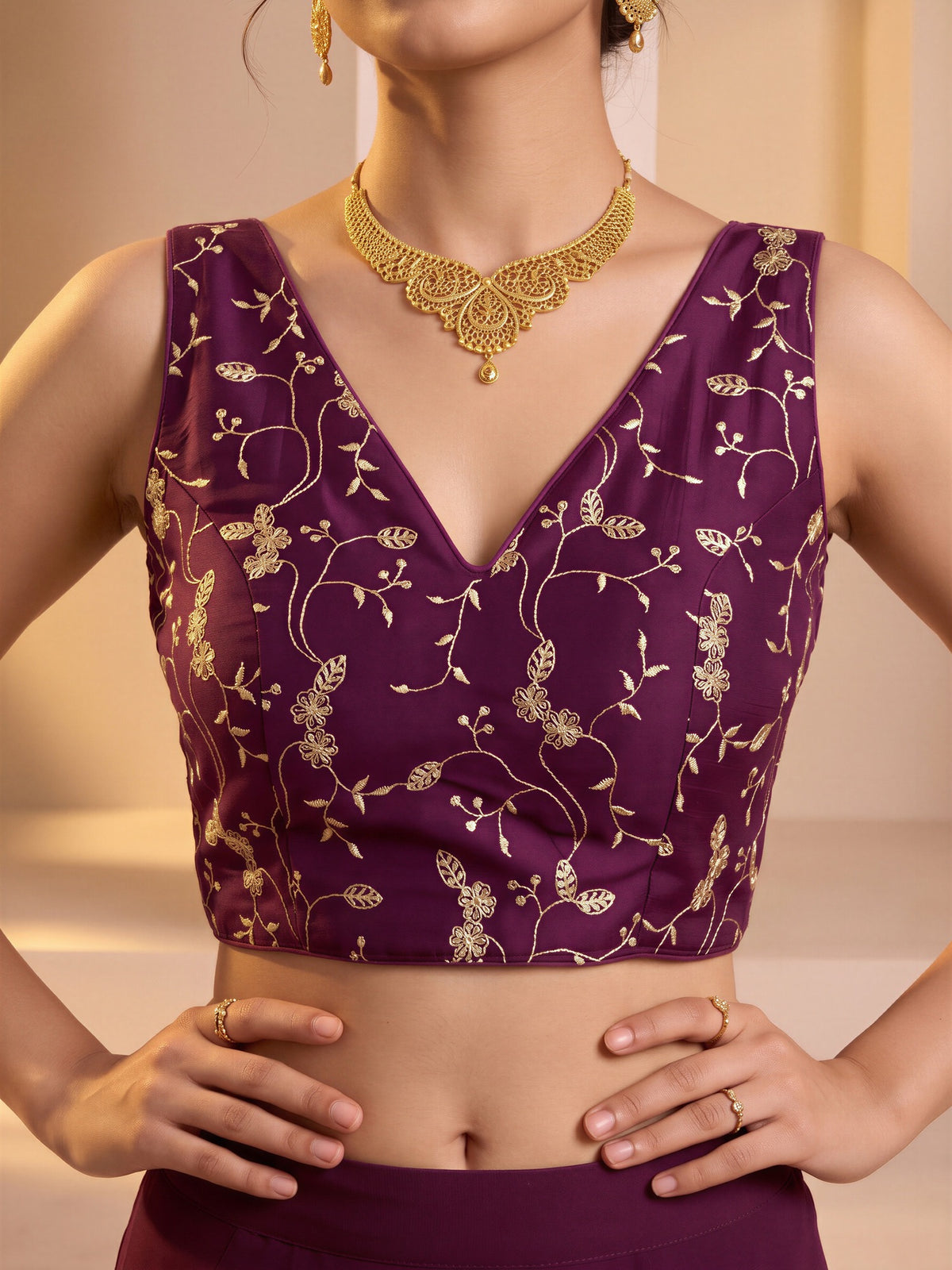 Wine sequin embroidered vichitra silk sleeveless readymade saree blouse with v neck view 4