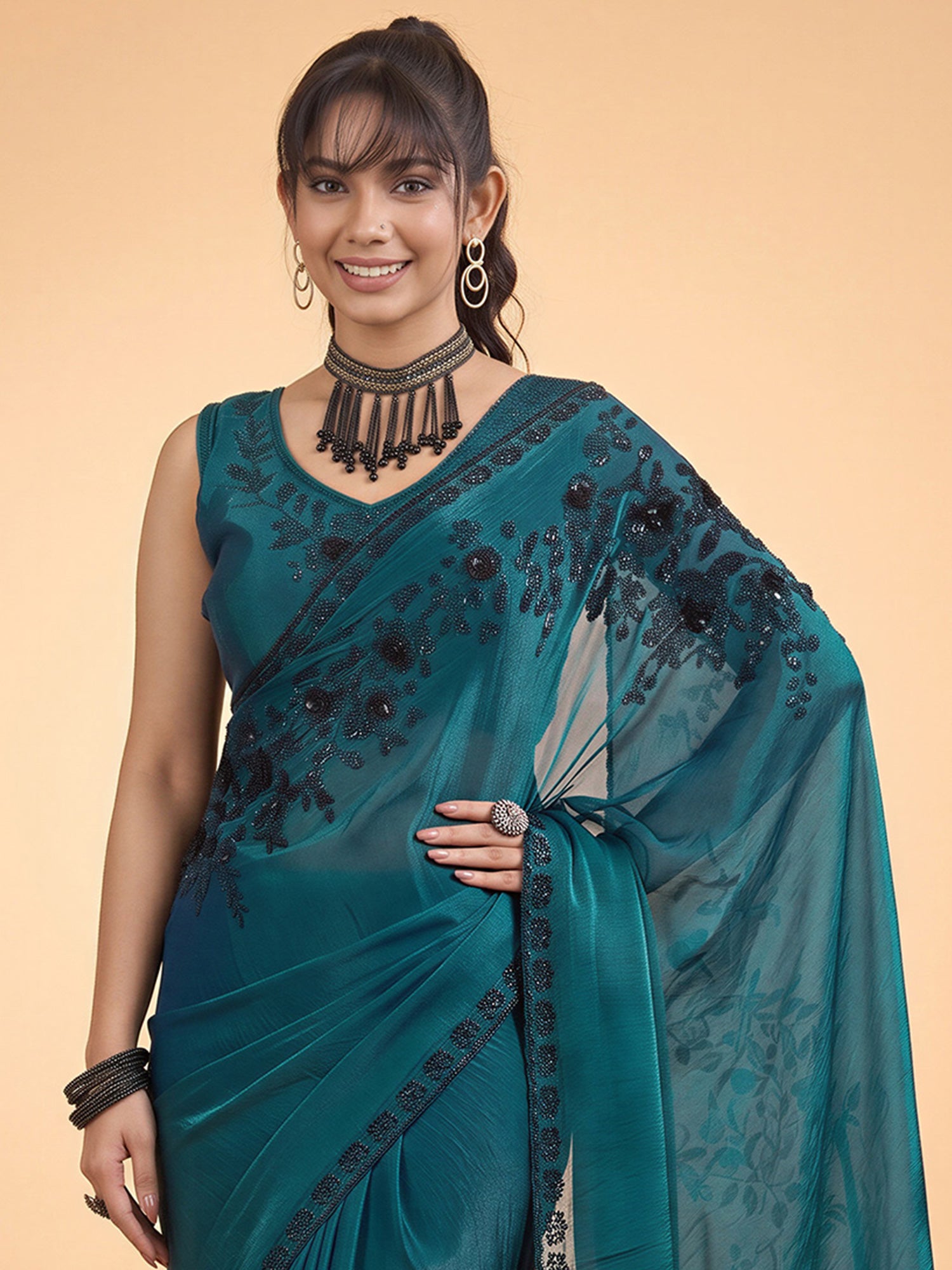 Teal Green Satin Silk saree – detail view 4