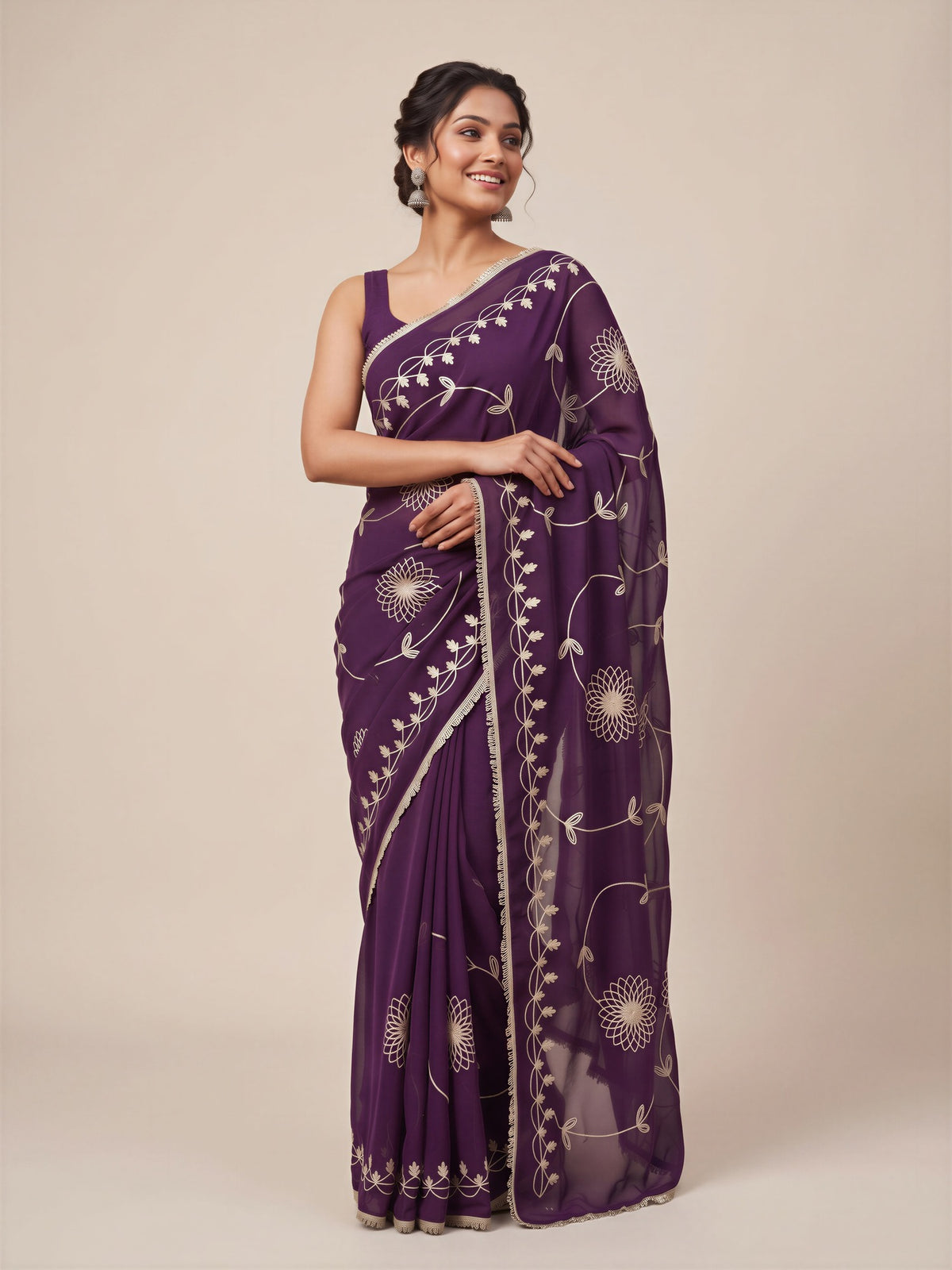 Wine Georgette saree – detail view 3