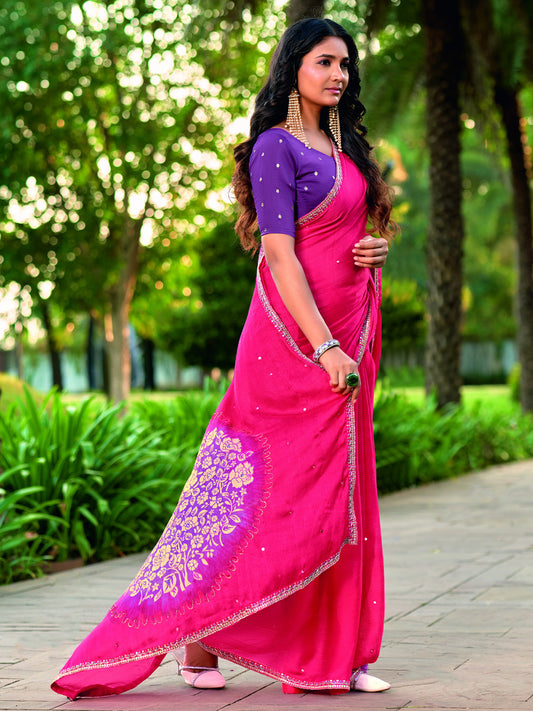 Pink embroidered chiffon saree with purple blouse piece