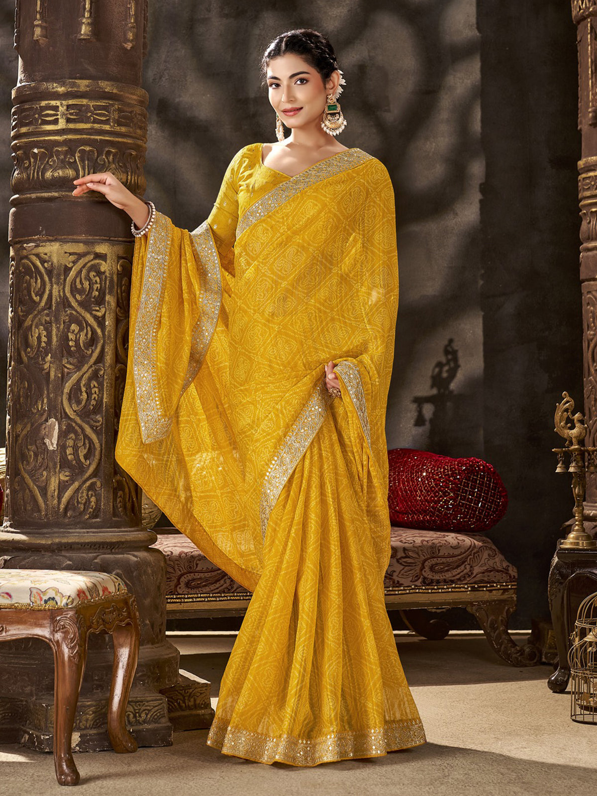Yellow Chiffon saree – detail view 3
