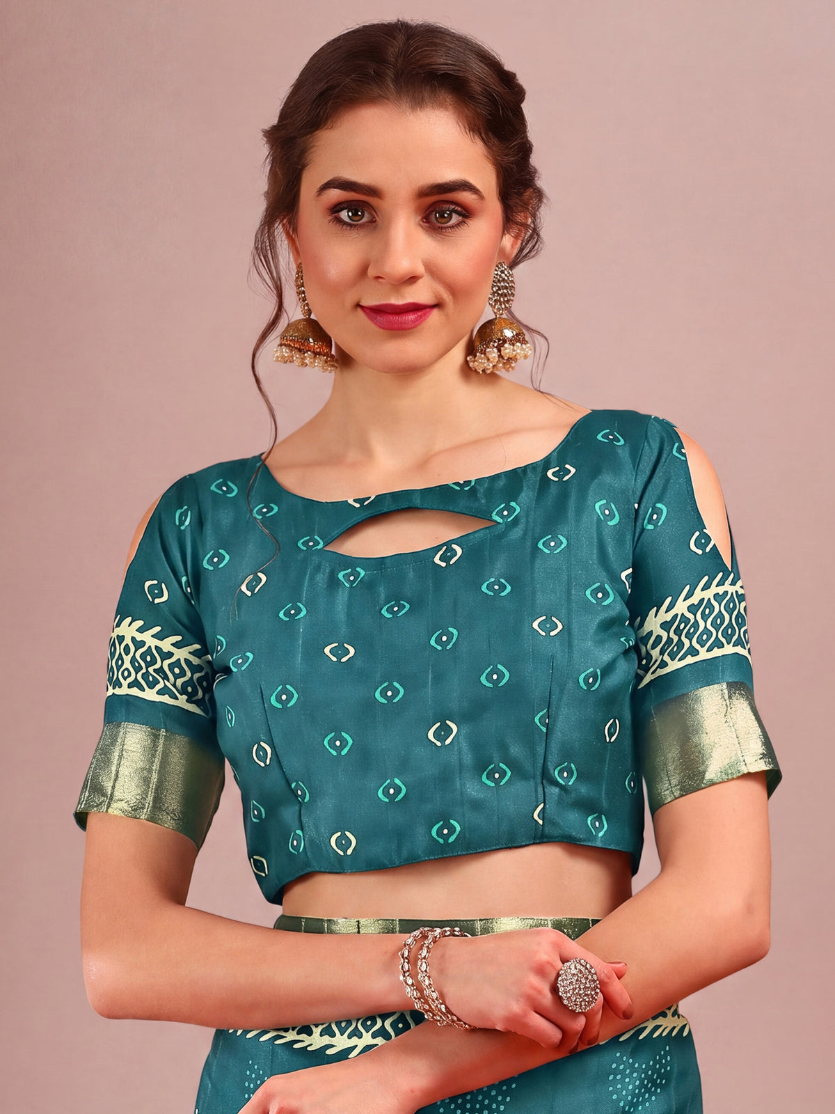 Unstitched teal blue cotton silk blouse piece with ethnic motif design
