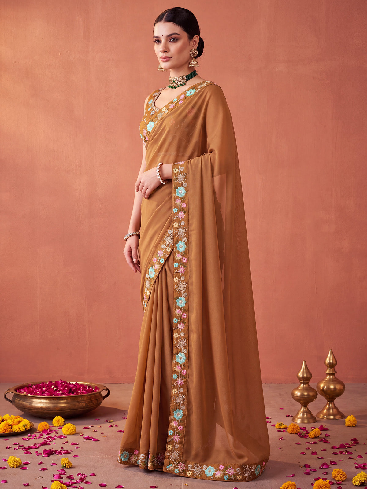 Light Brown Poly Georgette saree – detail view 2