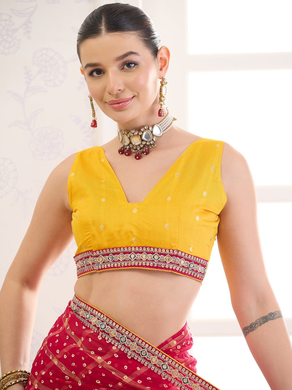 Unstitched mustard banglori silk blouse piece with zari butta design
