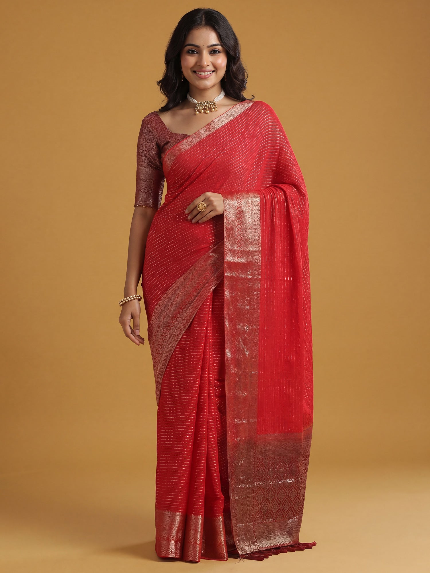 Red Chiffon saree – detail view 2
