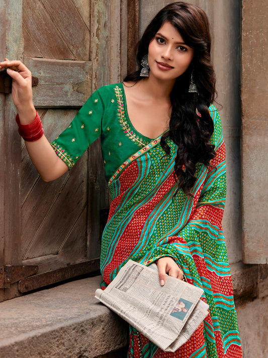 Teal Green georgette saree view 1