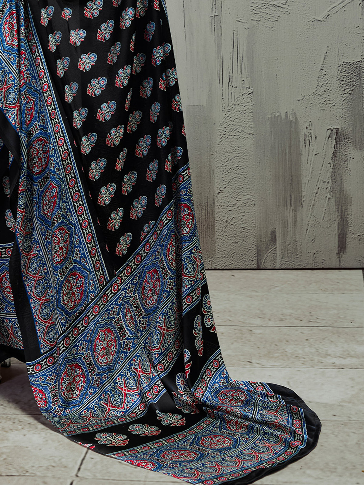 Black satin saree view 5