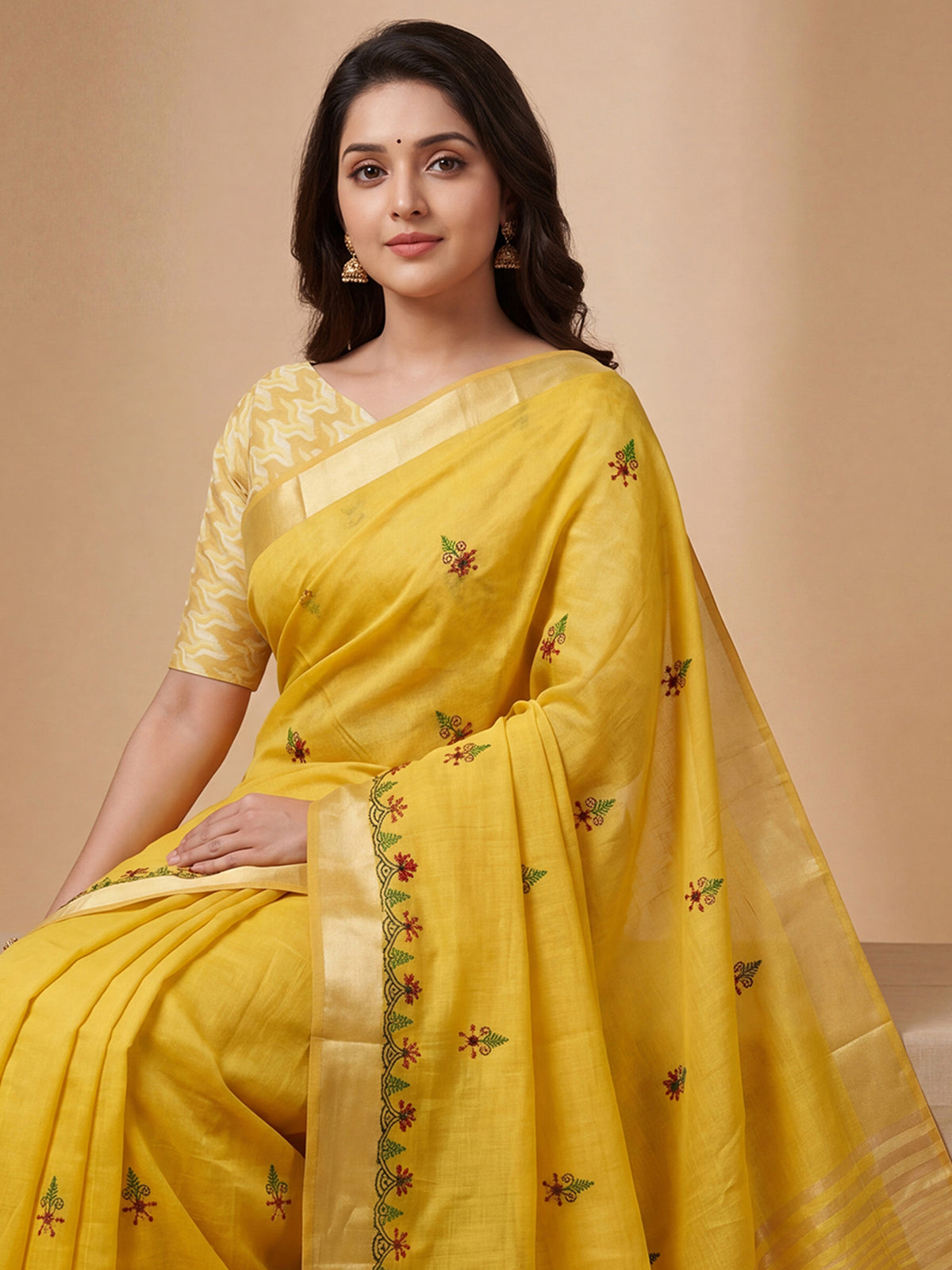 Yellow Cotton Linen saree – detail view 4