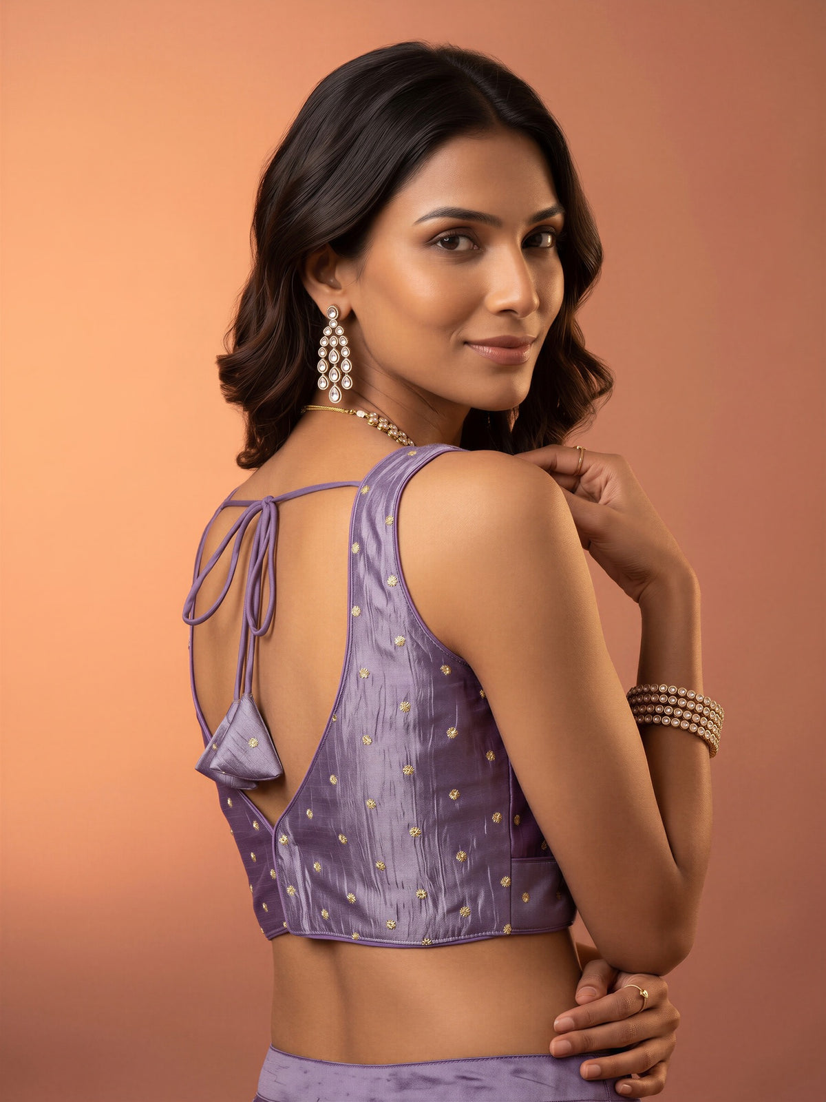 Mauve sequin embellished silk blend sleeveless readymade saree blouse with v neck view 1