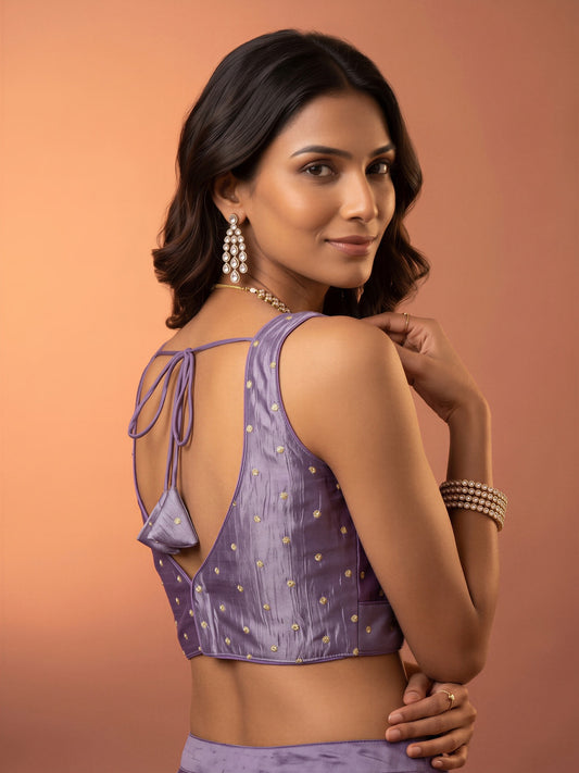 Mauve sequin embellished silk blend sleeveless readymade saree blouse with v neck view 1