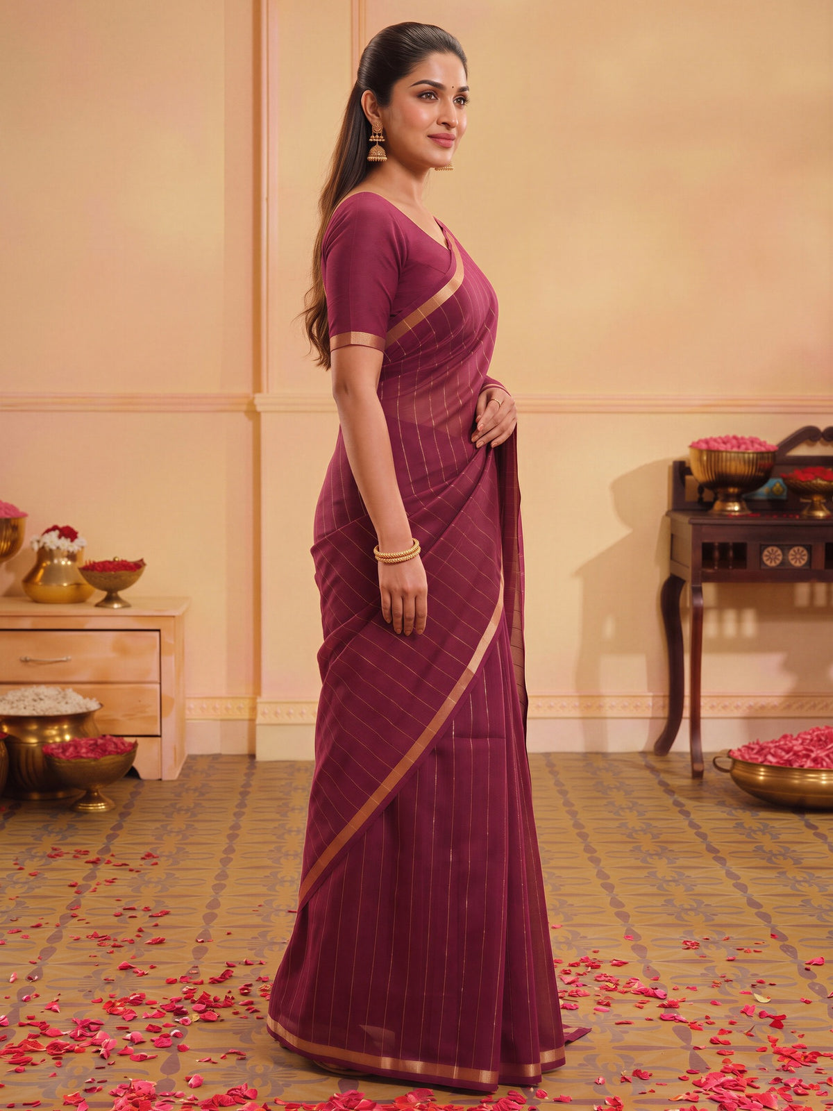 Wine silk blend saree view 2
