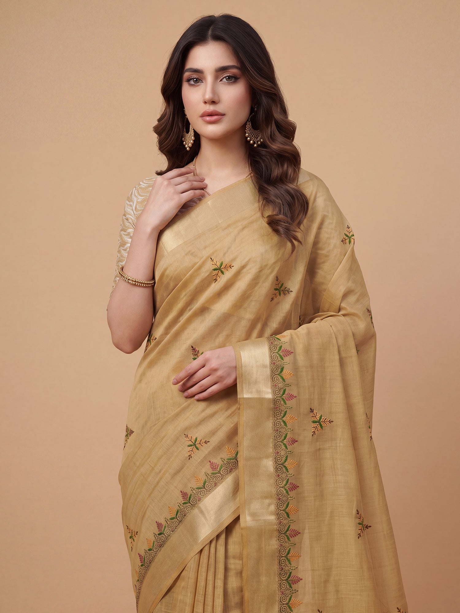 Beige Cotton Linen saree – detail view 4