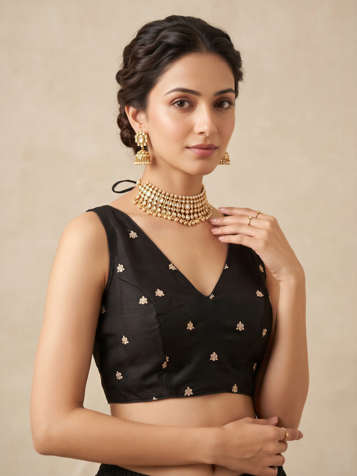 Black sequin embellished vichitra silk sleeveless readymade saree blouse with v neck