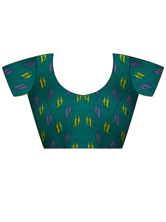 Unstitched teal green cotton blouse piece with bagh design
