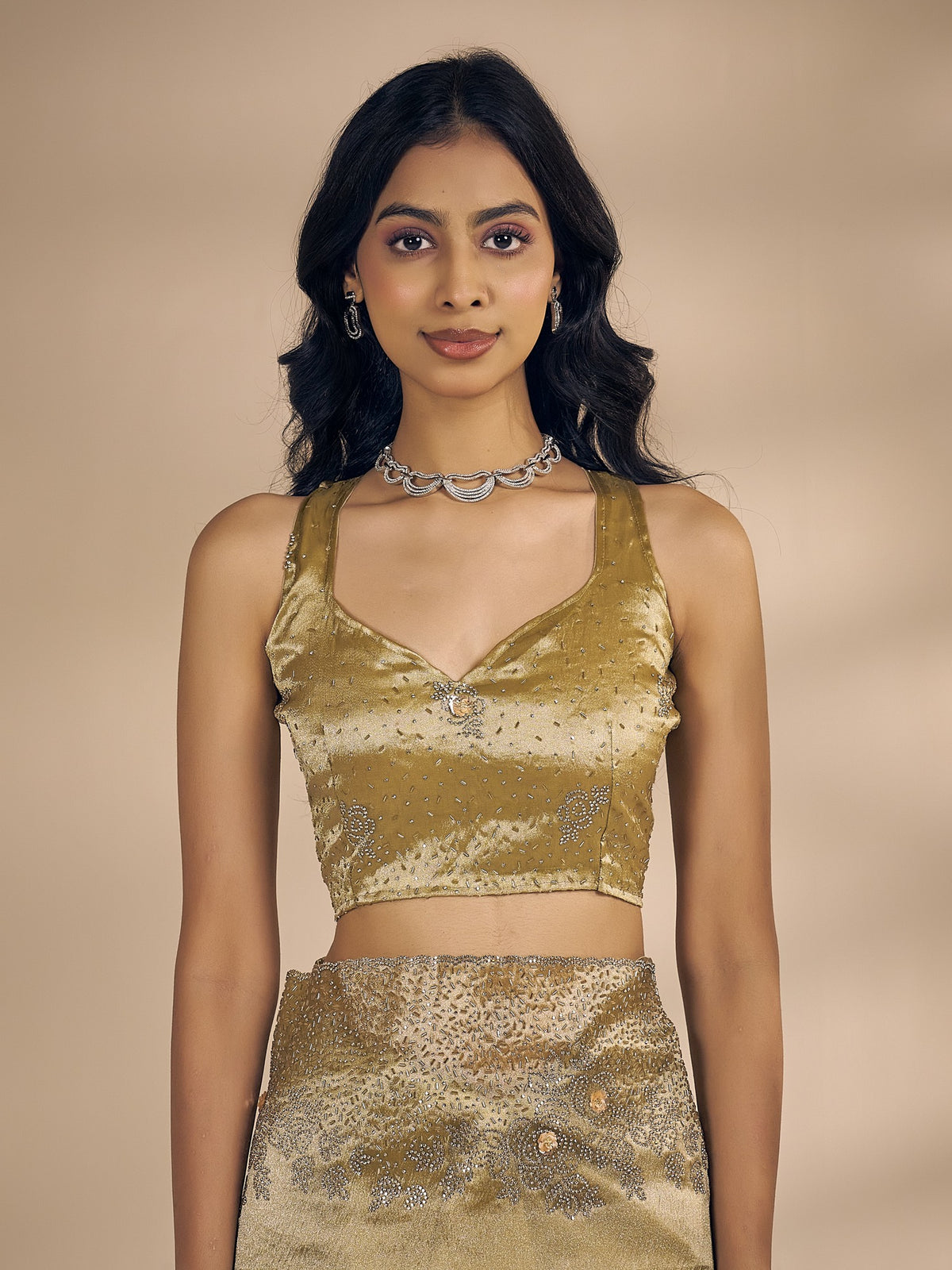 Olive organza saree view 5