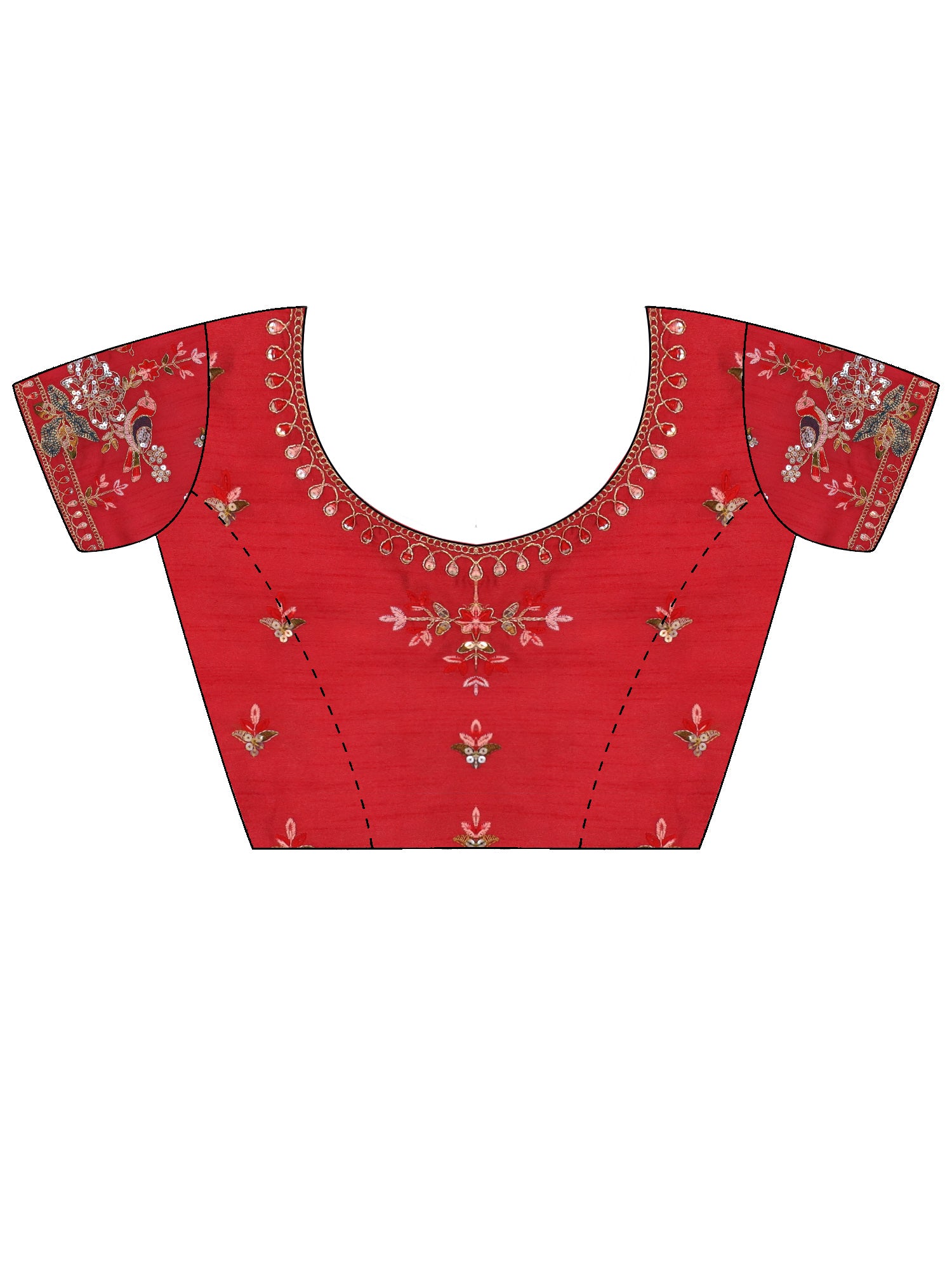 Unstitched red organza blouse piece with embellished design