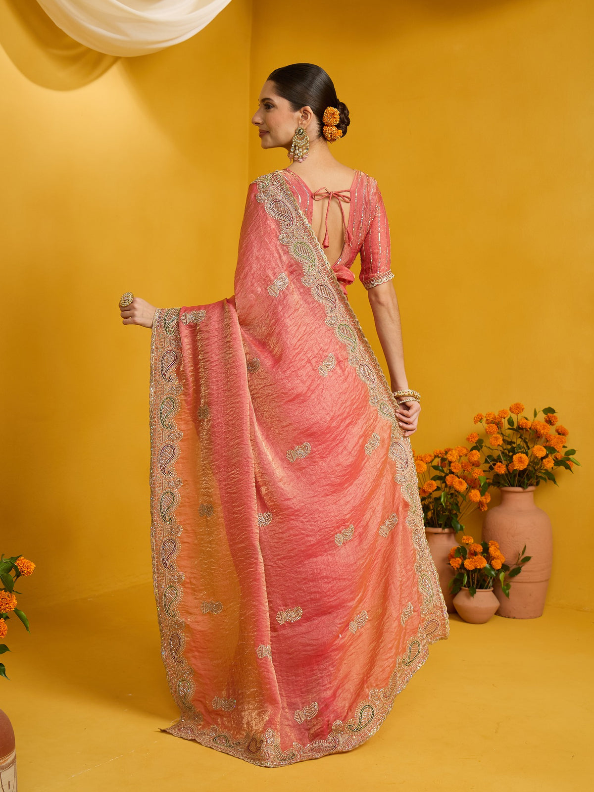 Peach Satin Silk saree – detail view 6
