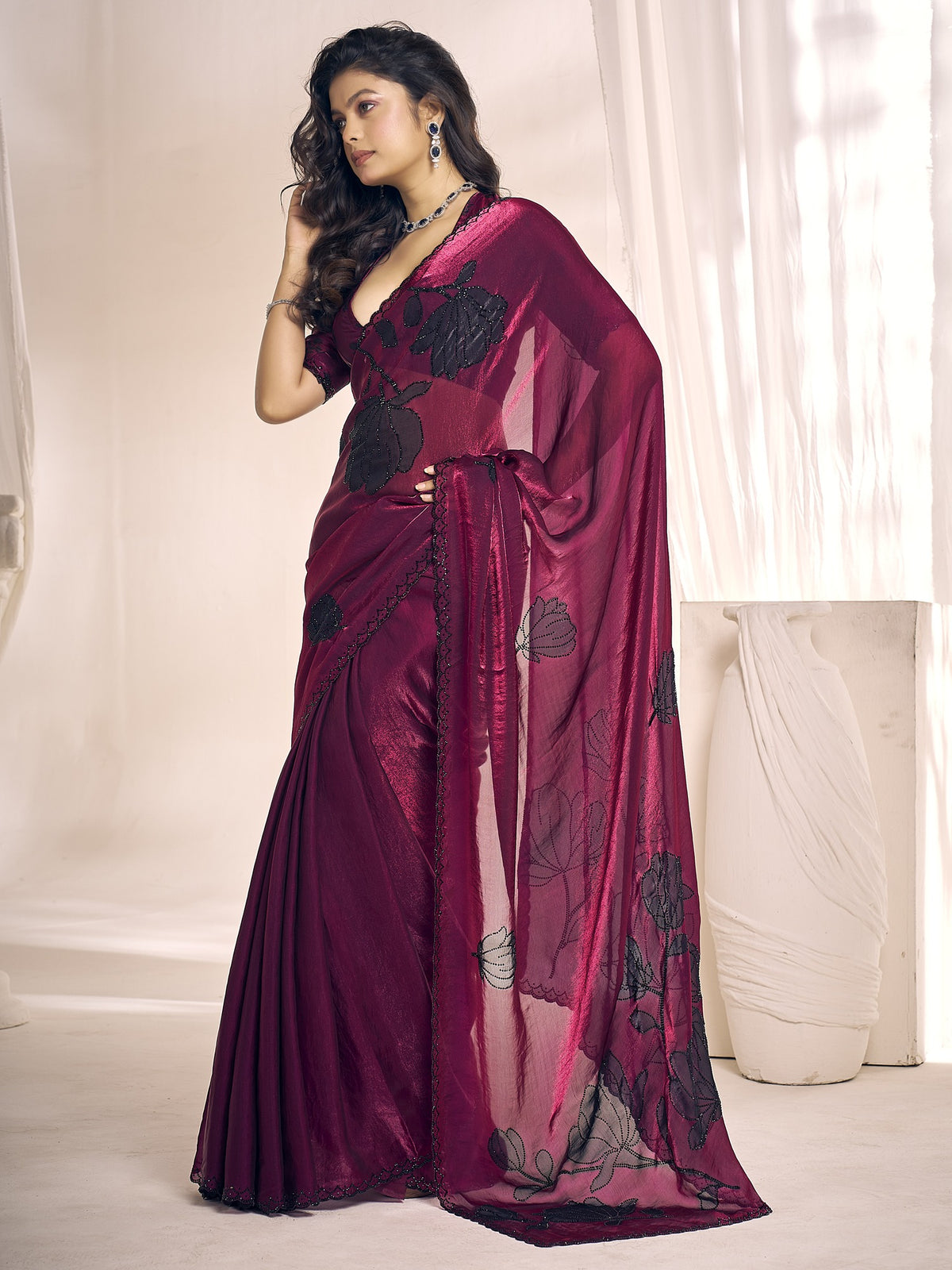 Magenta satin silk saree view 1