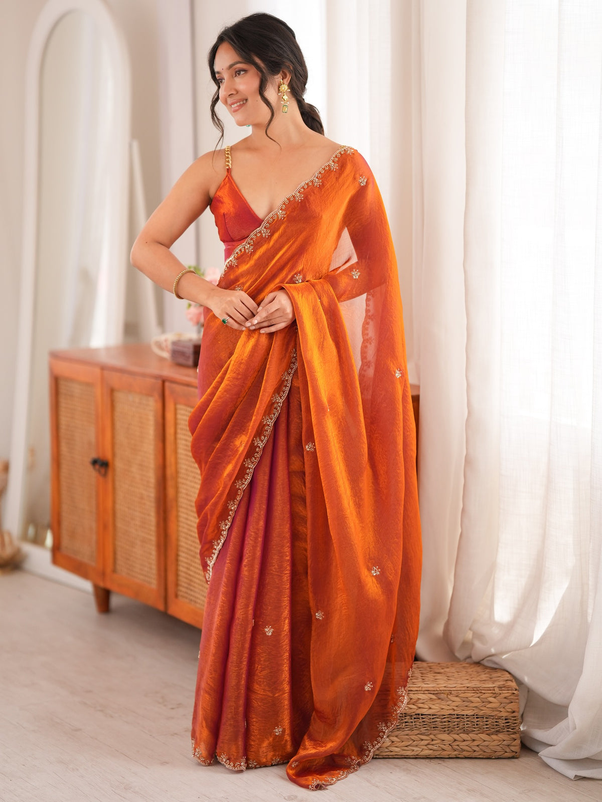 Orange Satin saree – detail view 1