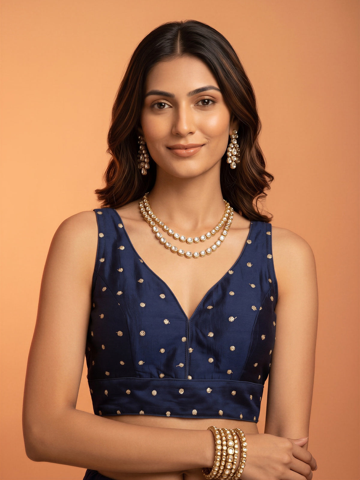 Dark Blue sequin embellished silk blend sleeveless readymade saree blouse with v neck view 3
