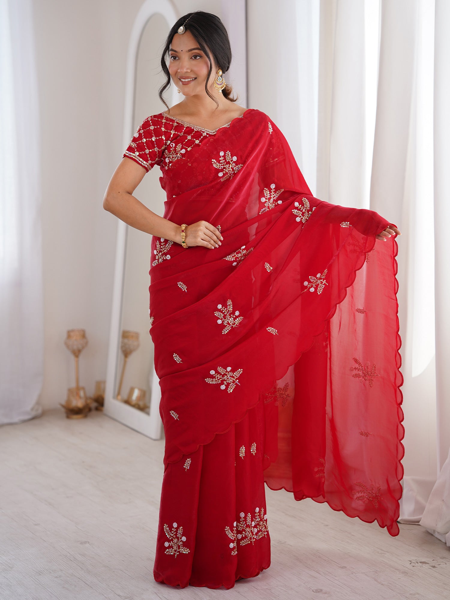Red Satin saree – detail view 3