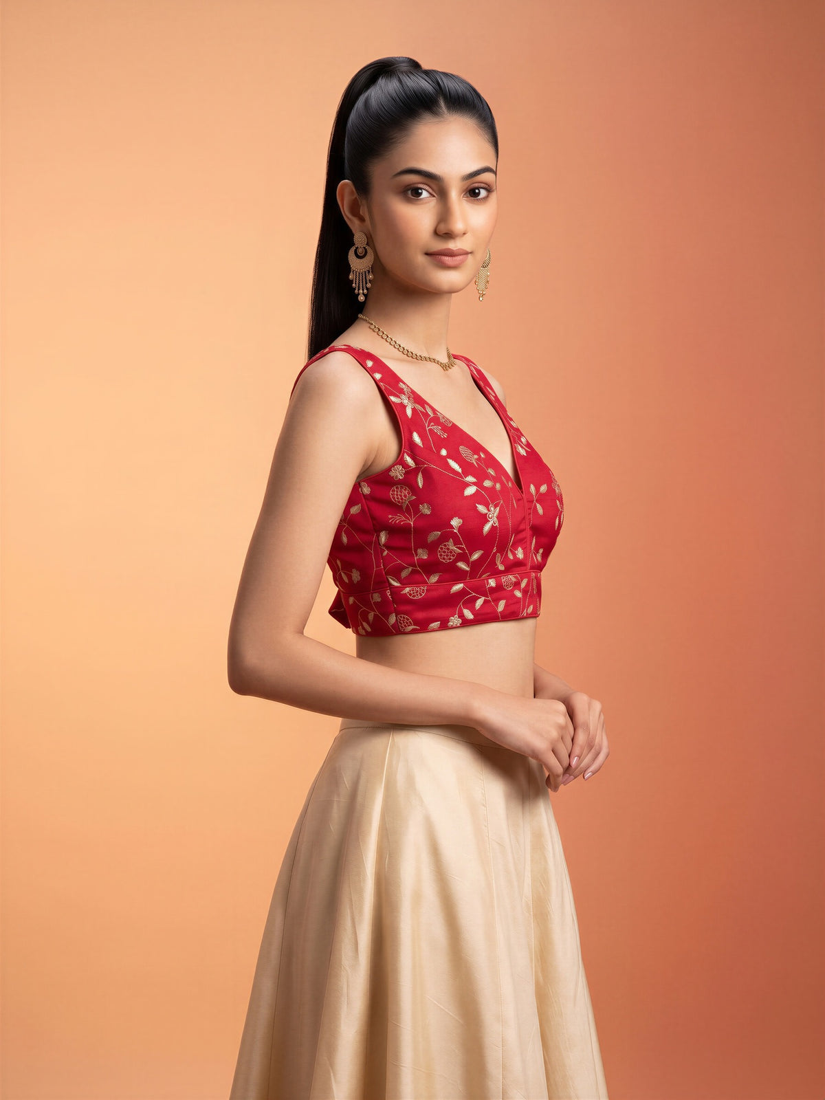 Red sequin embellished silk blend sleeveless readymade saree blouse with v neck view 2