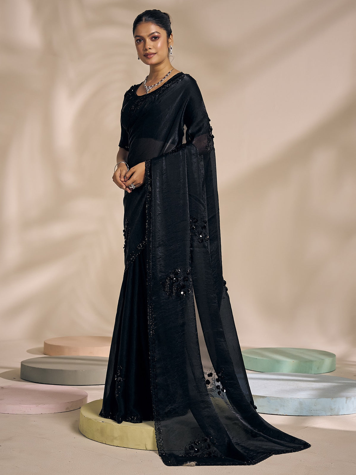 Black satin silk saree view 1