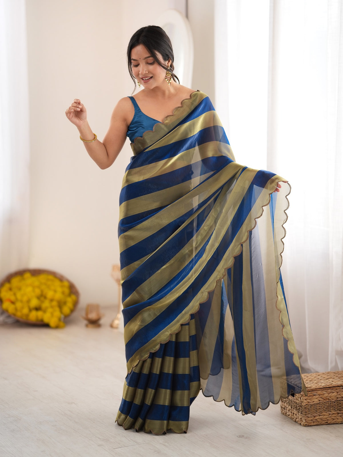 Teal Blue Satin saree – detail view 3